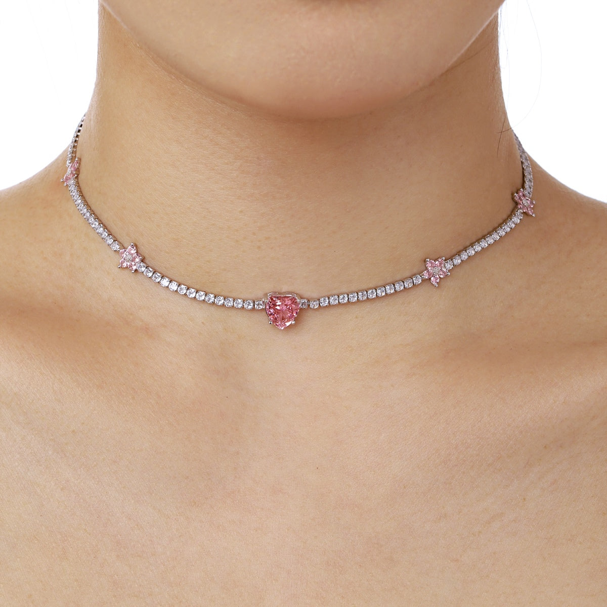 [Everoly JW]Dazzling Pink Heart Flower Necklace