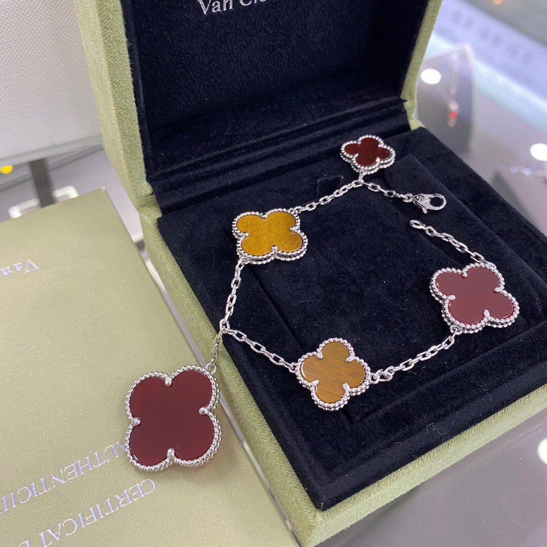 [Everoly JW]クローバー5モチーフシルバーカーネリアンタイガーアイブレスレット