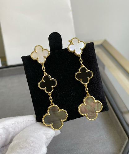 [Everoly JW]CLOVER 3 MOTIF MOP ONYX DARK MOP PINK GOLD EARRINGS