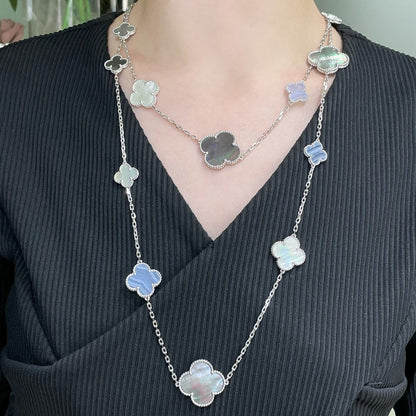[Everoly JW]CLOVER 16 MOTIF CHALCEDONY MOP SILVER NECKLACE