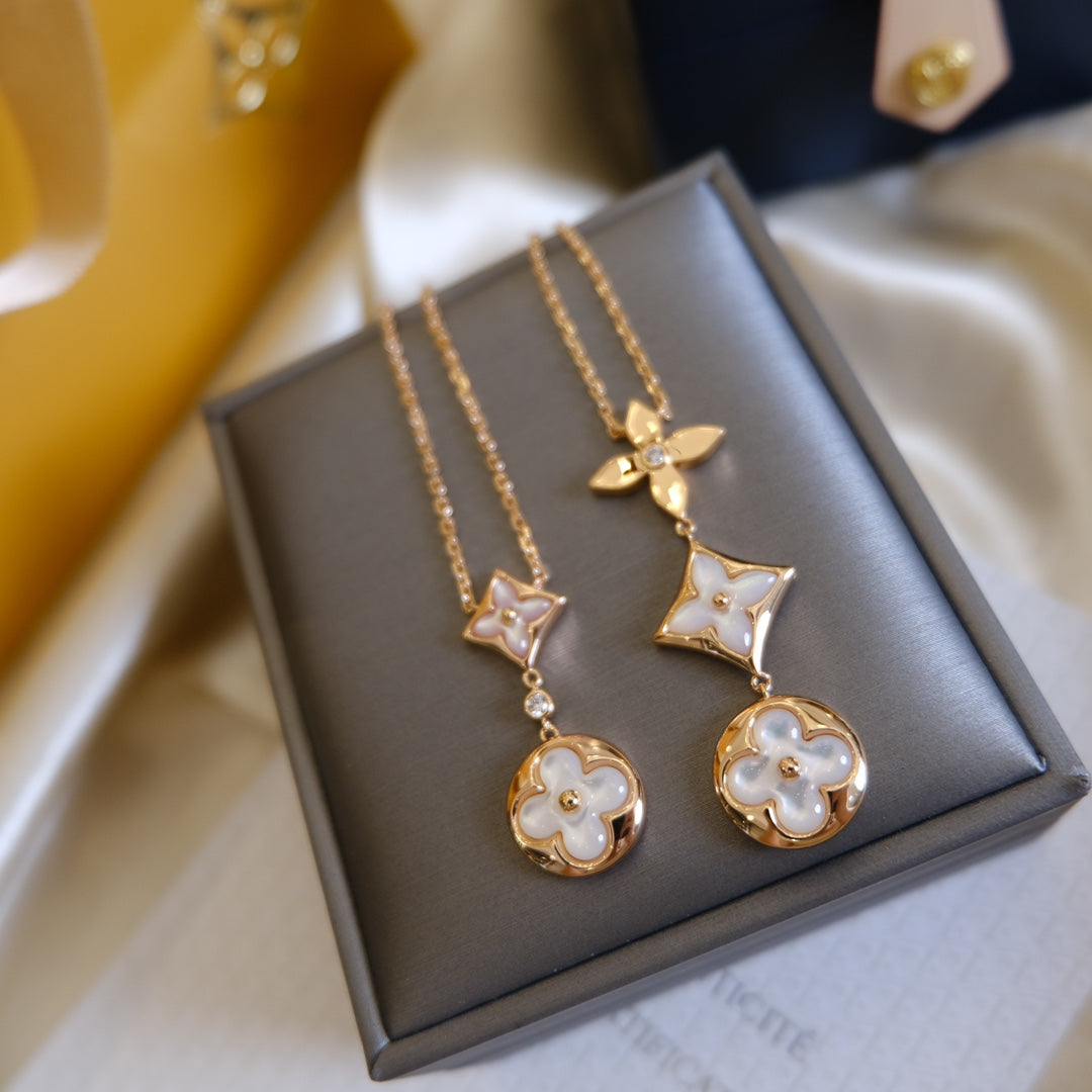 [Everoly JW]COLOR BLOSSOM LARIAT NECKLACE PINK GOLD WHITE MOTHER PEARL AND DIAMOND