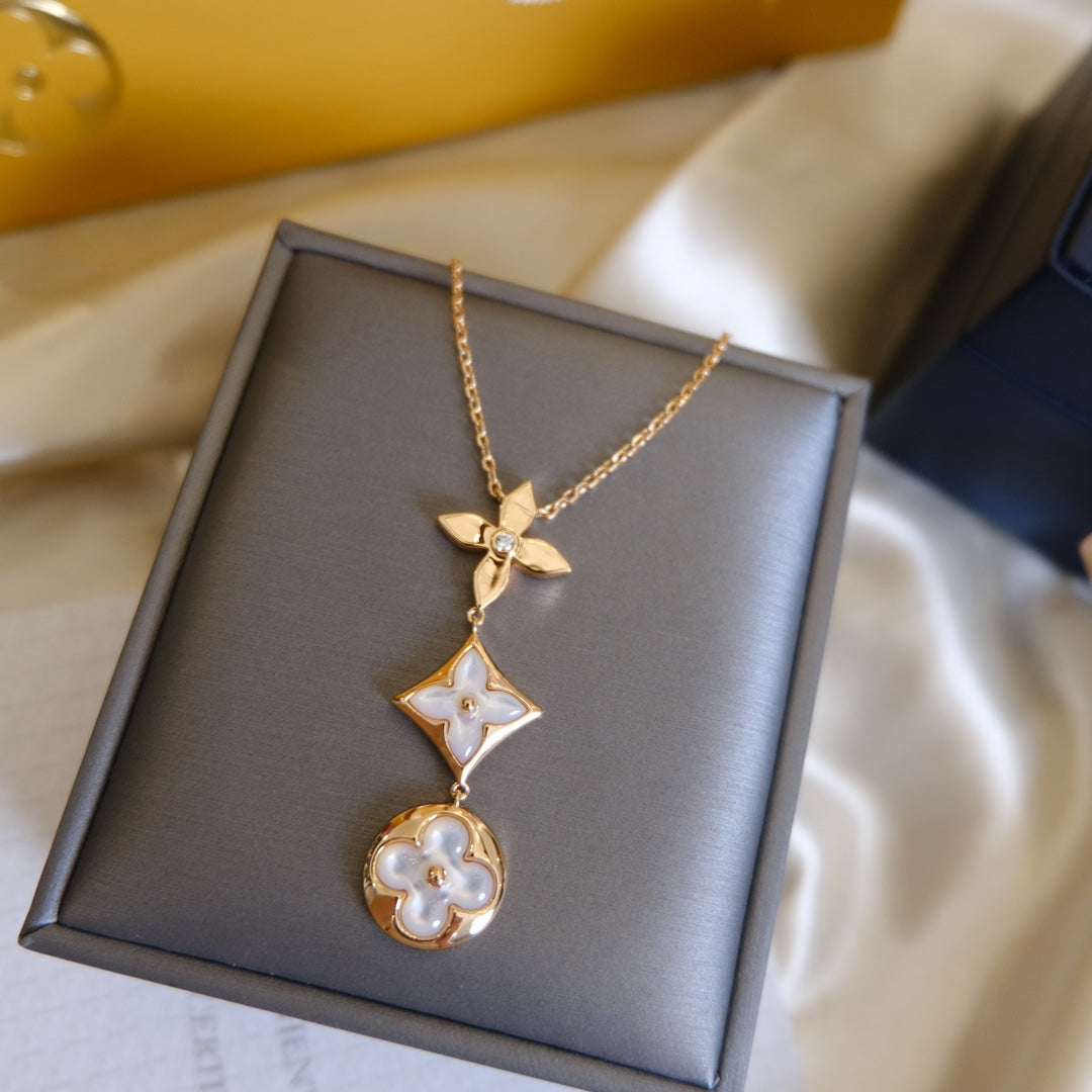 [Everoly JW]COLOR BLOSSOM LARIAT NECKLACE PINK GOLD WHITE MOTHER PEARL AND DIAMOND
