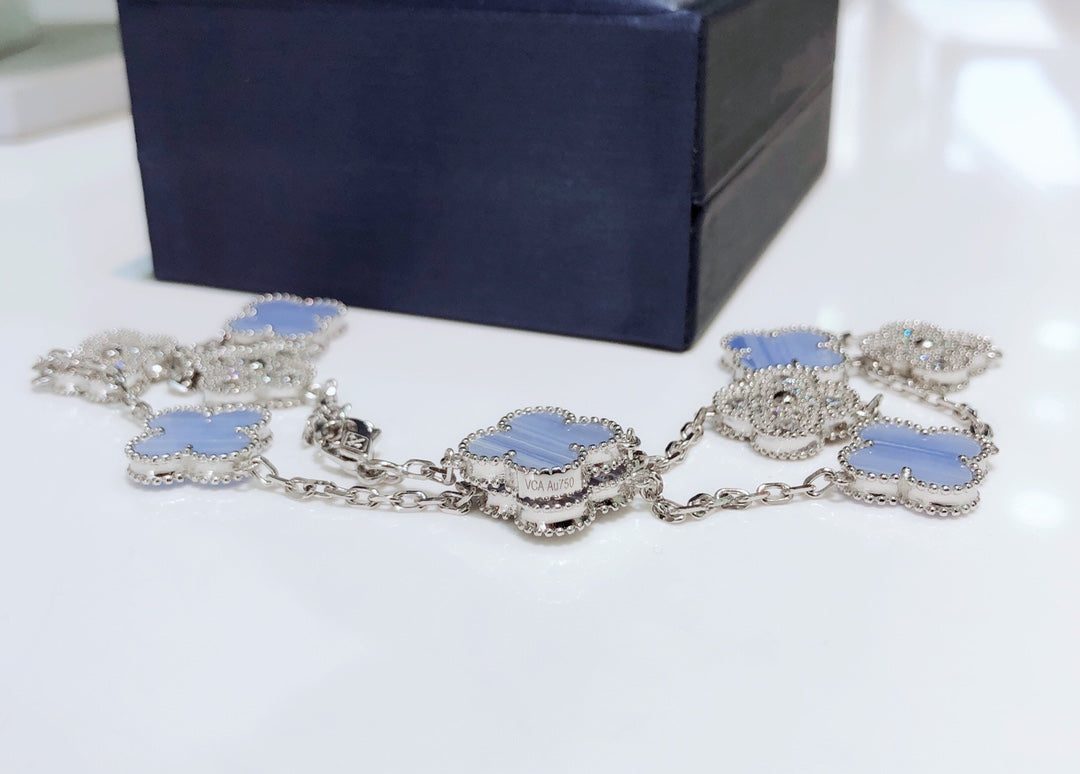 [Everoly JW]クローバー 10モチーフ カルセドニー ダイヤモンド シルバーネックレス
