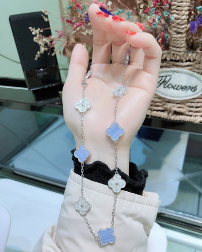 [Everoly JW]クローバー 10モチーフ カルセドニー ダイヤモンド シルバーネックレス